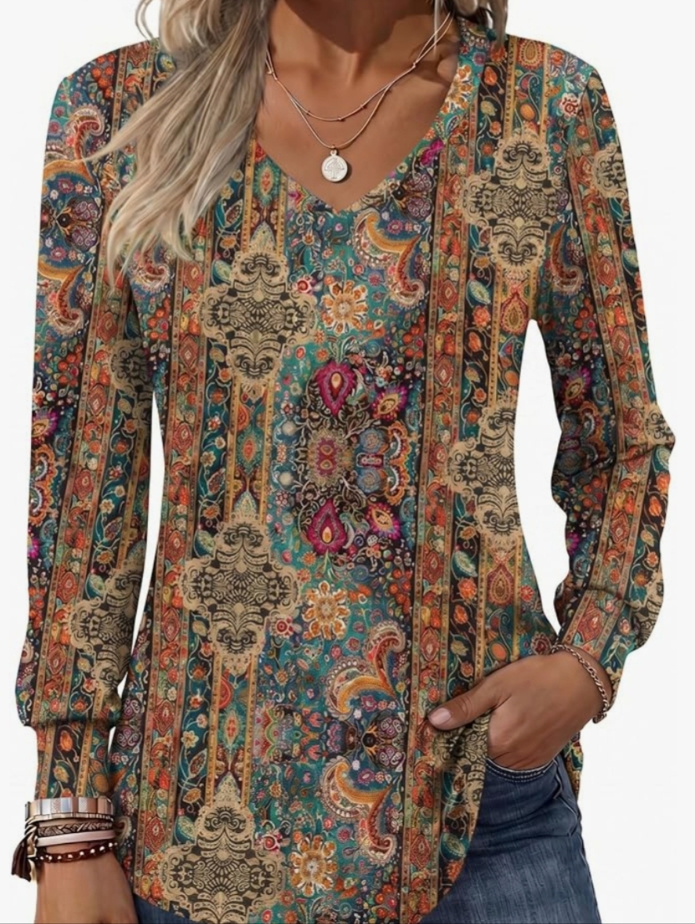 zeagoo Teal Multi Paisley V-Neck Long Sleeve Top